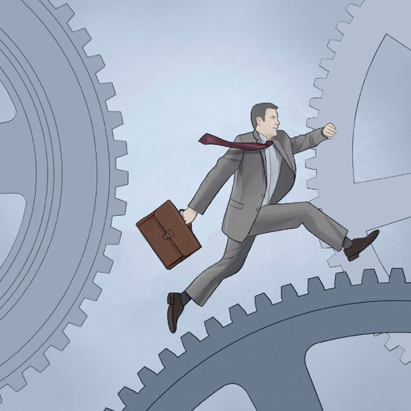 A businessman running on a cog in a machine