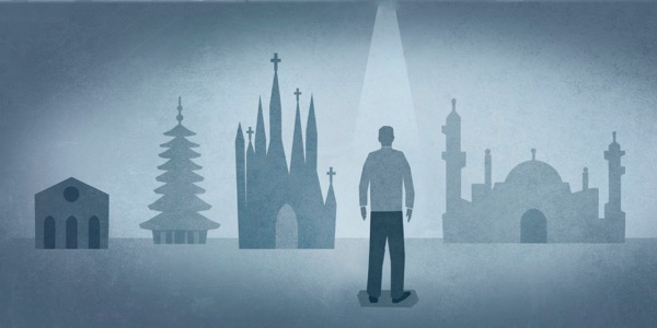 An illustration of a man standing in front of various religious buildings