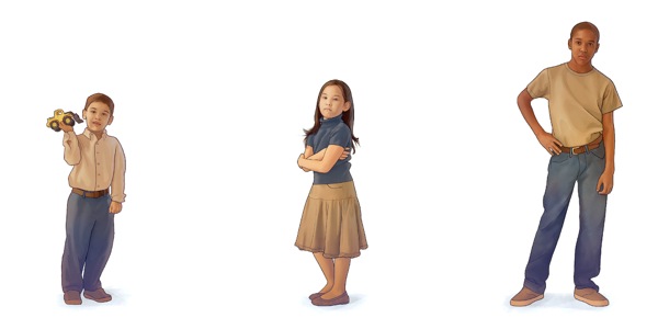 1. A four-year-old boy holds a toy; 2. A five-year-old girl with arms crossed; 3. A 12-year-old boy with his hand on his hip