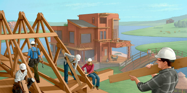 People building their own houses in the future Paradise