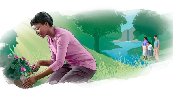 A woman gardening in peaceful surroundings