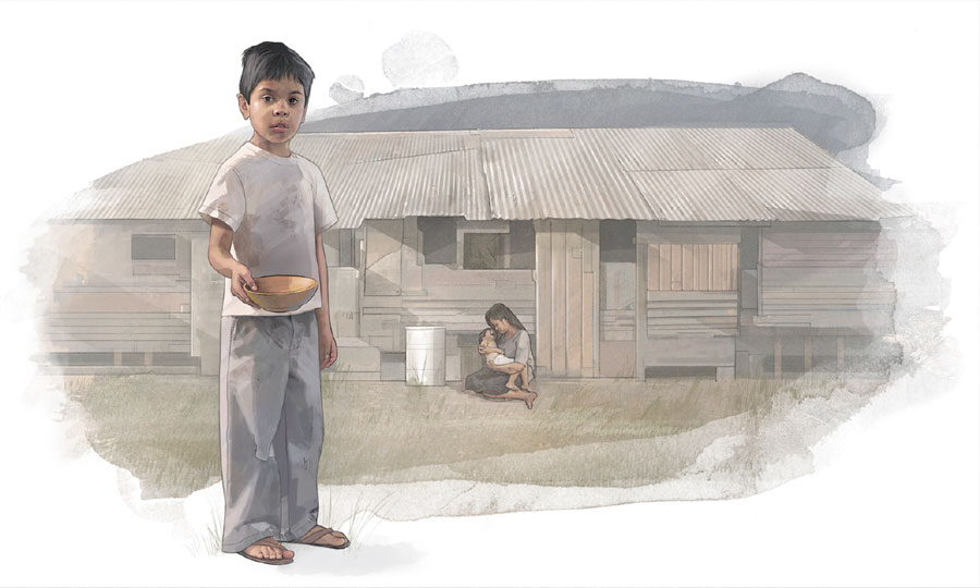 A little boy, in front of a dilapidated house, holds an empty bowl