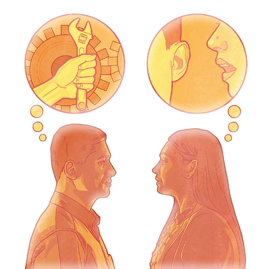 A man thinks of ways to fix a problem while a woman thinks of ways to talk about the problem