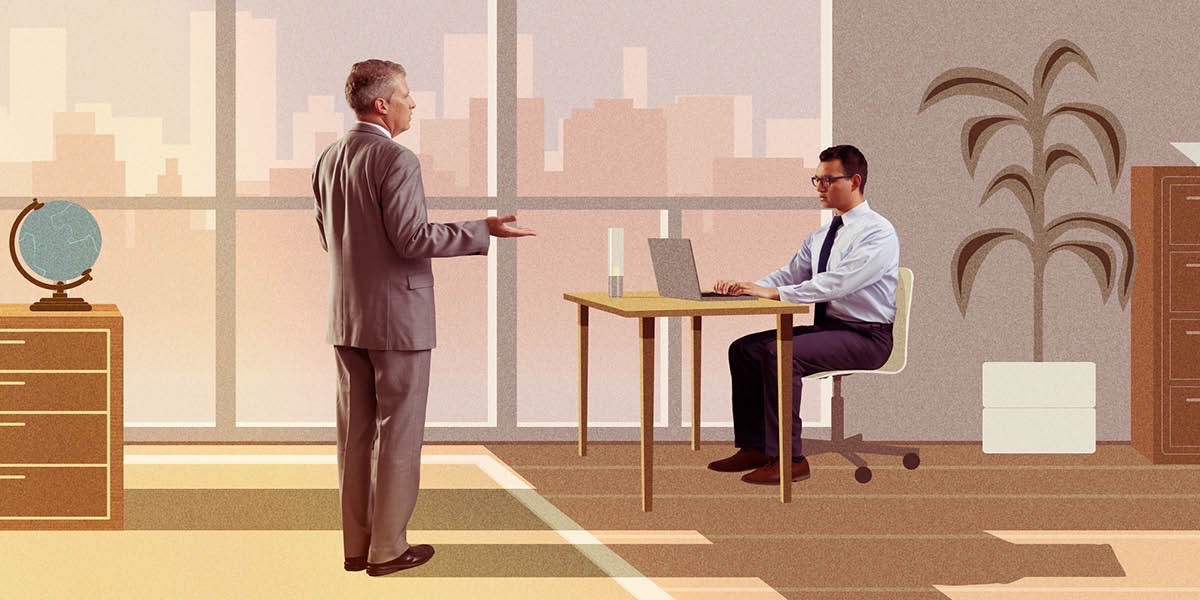 A businessman dictates a letter to his secretary