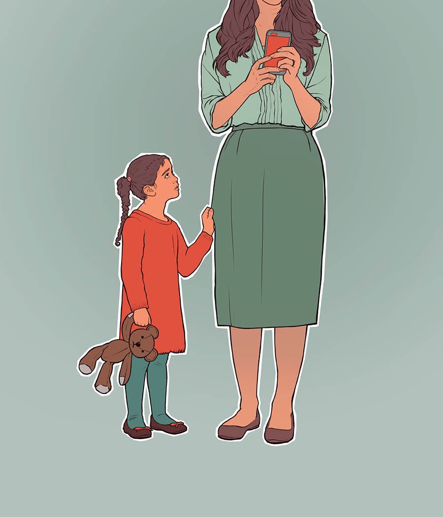 A mother is using her mobile device while her little girl is trying to get her attention