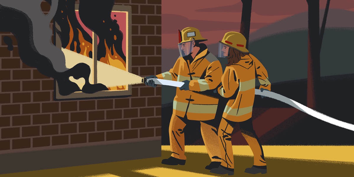 A couple works together to put out a fire