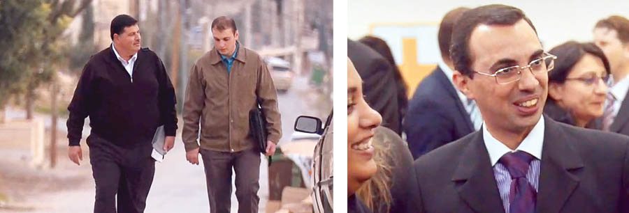 Collage: 1. Two men walk and talk to each other. 2. One of the men smiles in the company of friends.