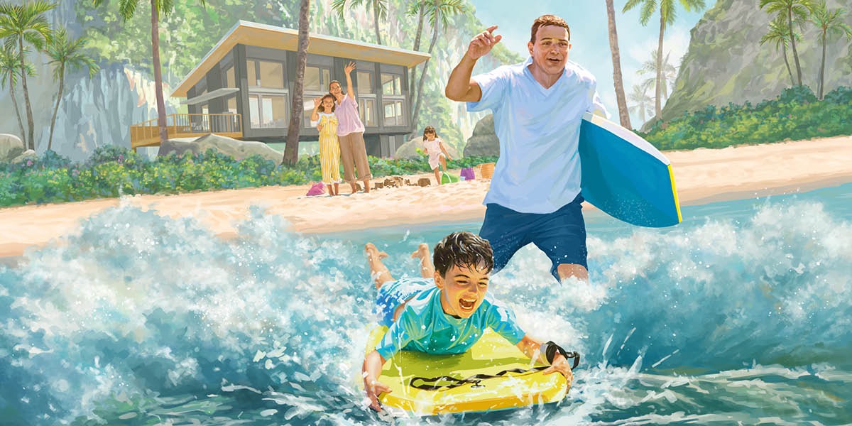 A young boy and his father playing in the waves of the ocean, as the mother and daughters enjoy watching from the beach.