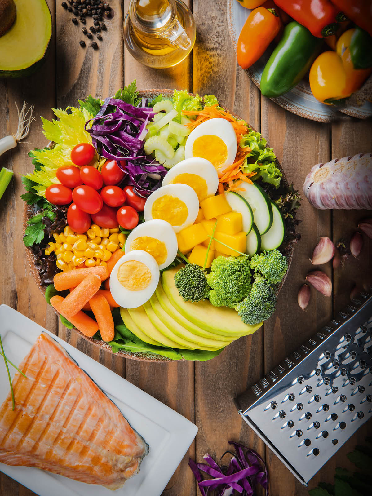 A variety of healthful foods on a table.