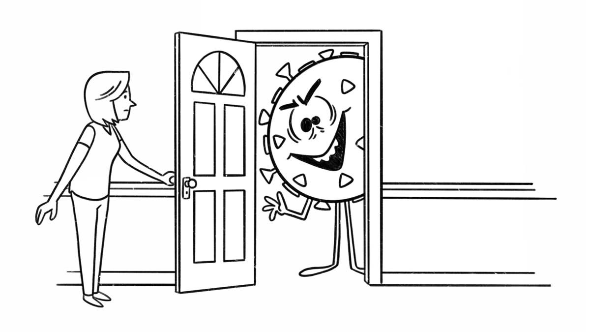 A scene from the video “Virus Outbreaks​—What You Can Do.” A woman opens the front door of her home to a virus particle.