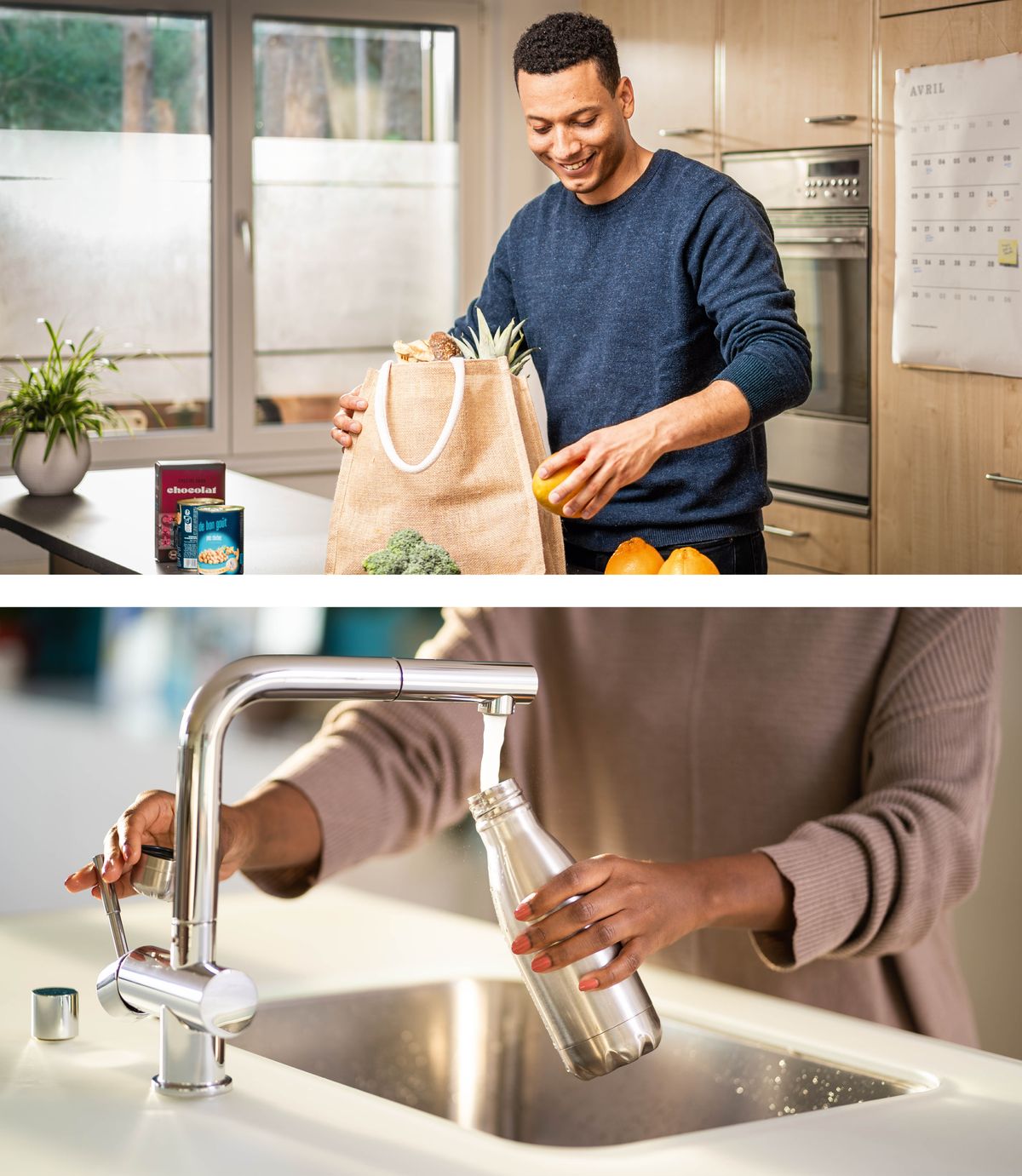 Collage: 1. A man empties groceries from a reusable bag onto his kitchen counter. 2. A woman fills a reusable water bottle at a kitchen sink.