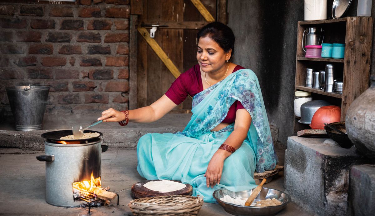 A woman cooking a meal while seated on the floor of her modest home. Her small, open-flame stove is simple yet produces little smoke.