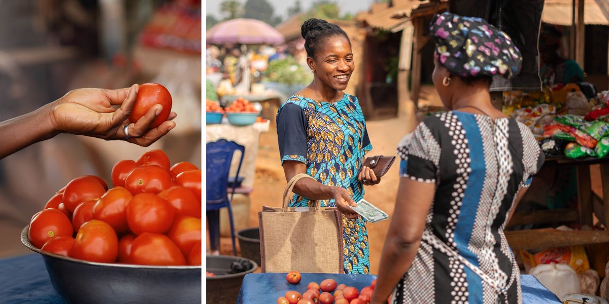 Collage: 1. A woman chooses a tomato at an outdoor market. 2. She hands money to the vendor to pay for her groceries.