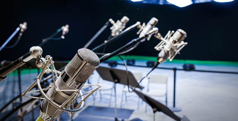 Microphones and other equipment in a recording studio.