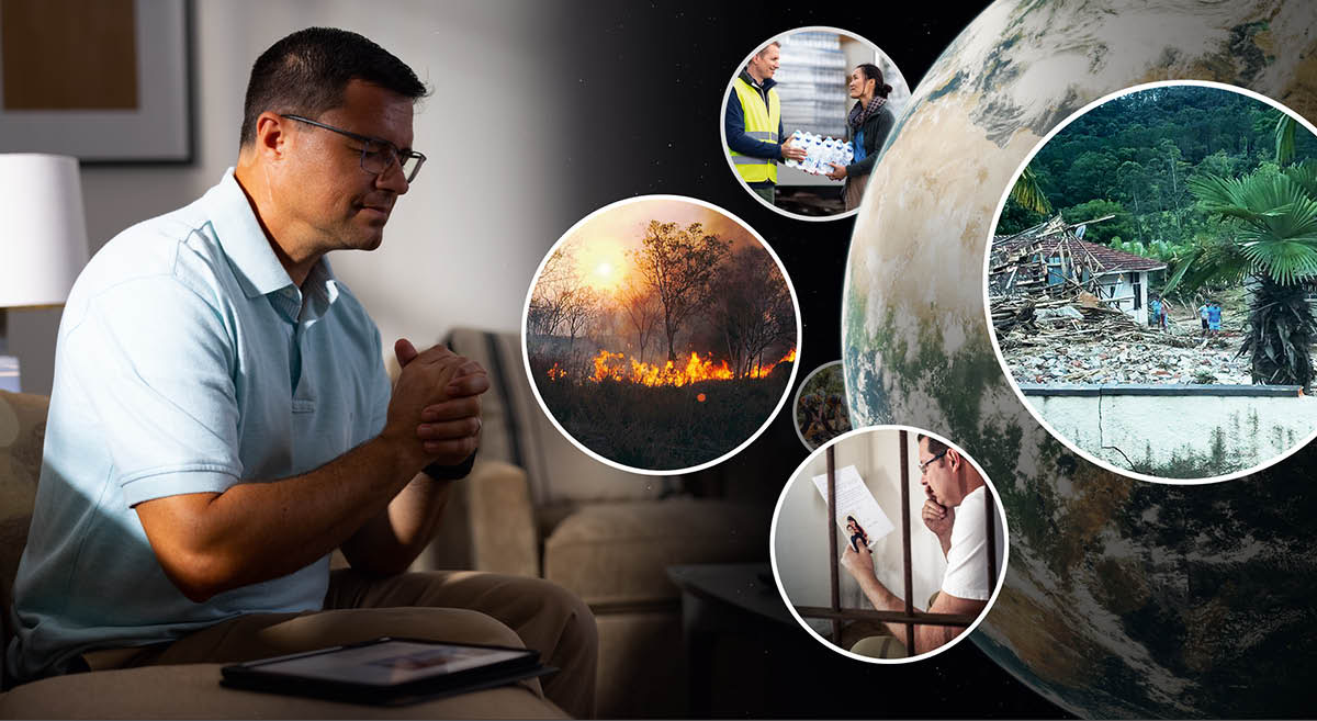 The brother praying. Insets show a sister receiving disaster relief supplies, a damaged home after a natural disaster, a brother in prison, and a wildfire.