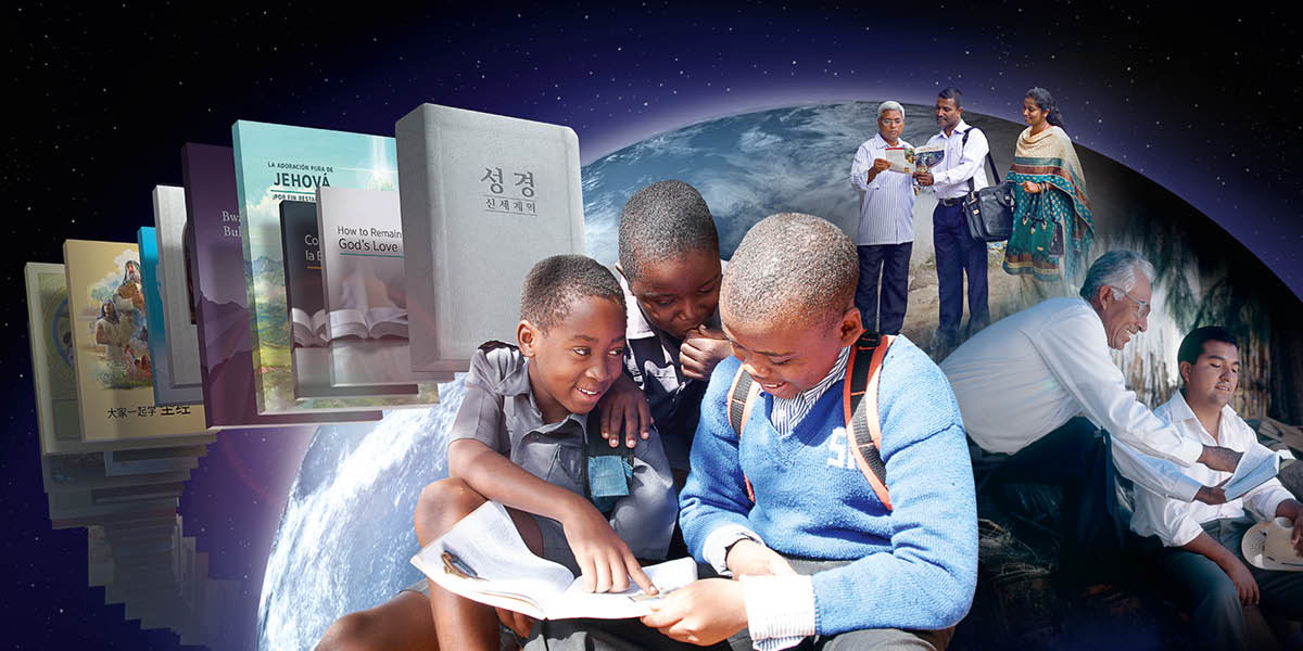 Collage: Activities of Jehovah’s Witnesses being done around the world. 1. A young brother reads from a publication to two young boys. 2. A variety of printed publications. 3. A couple preach to a man. 4. A brother reads a scripture to a man.