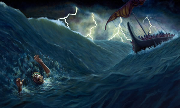 Waves crash over Jonah after he is thrown into the sea