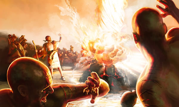 Fire from heaven consumes Elijah’s sacrifice as prophets of Baal look on