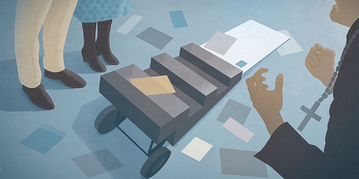 An enraged priest scatters literature from a public witnessing cart as a Witness couple calmly stand by