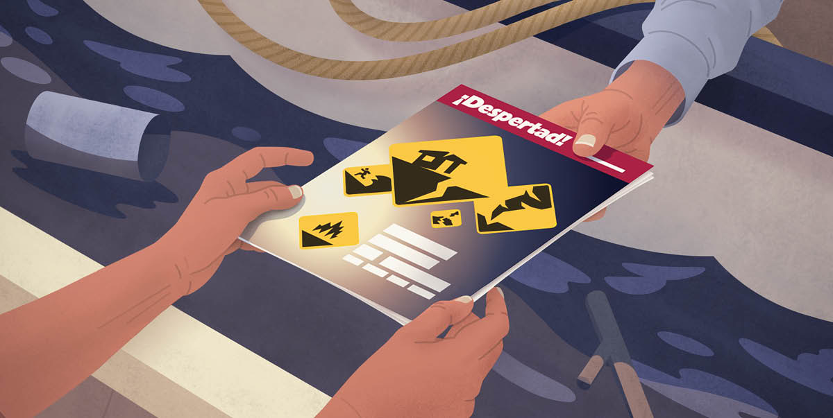 A Witness handing a copy of the ‘Awake!’ magazine, entitled ‘When Disaster Strikes—Steps That Can Save Lives,’ to a local villager affected by the flood.