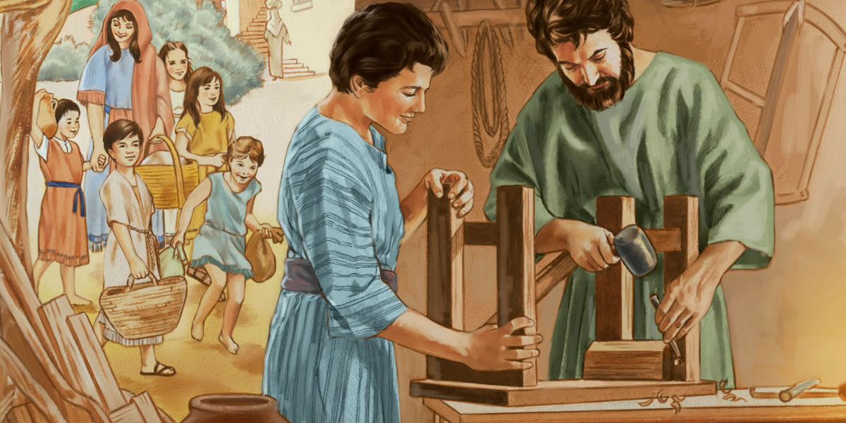 Joseph training Jesus as a carpenter