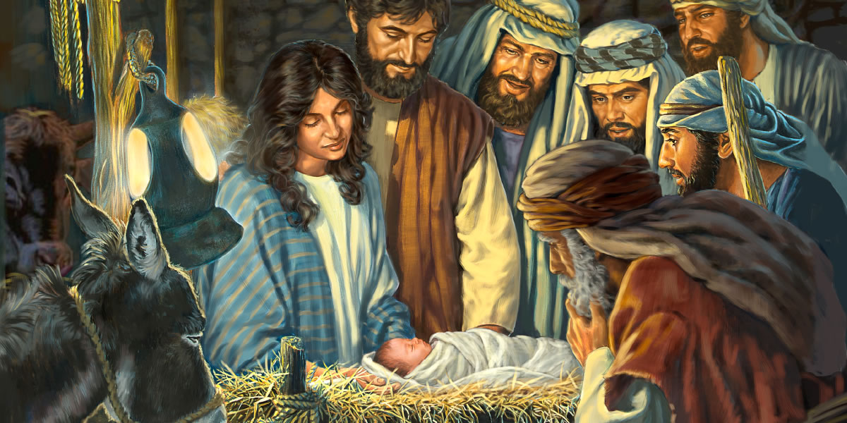 Mary, Joseph, and shepherds looking at the infant Jesus lying in the manger