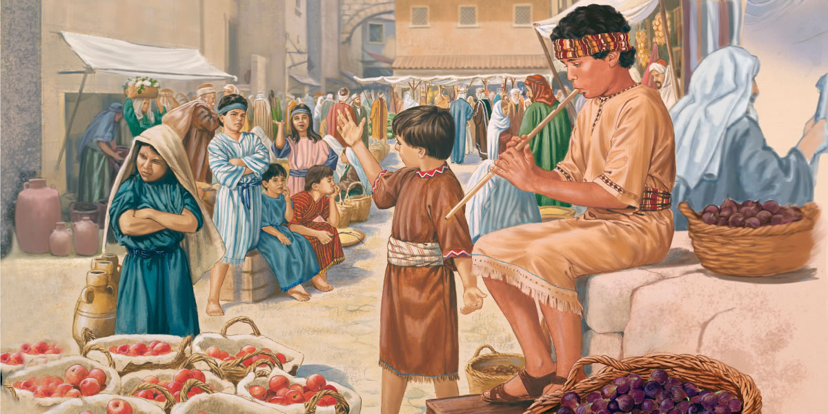 A boy plays the flute in the marketplace, but the other children refuse to dance