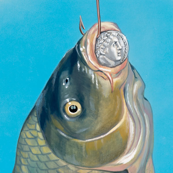 A fish on a hook with a coin in its mouth