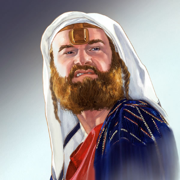 A scornful-looking Jewish man wearing a phylactery on his forehead