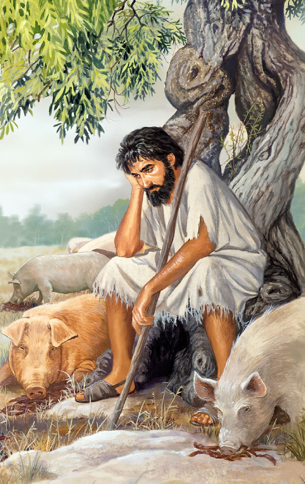 The prodigal son seated under a tree watching swine eat carob pods