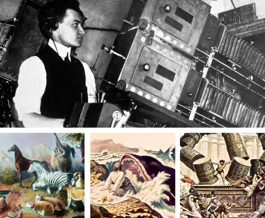 1. An operator in a “Photo-Drama” projection booth; 2. Three hand-colored glass slides used in the “Photo-Drama”