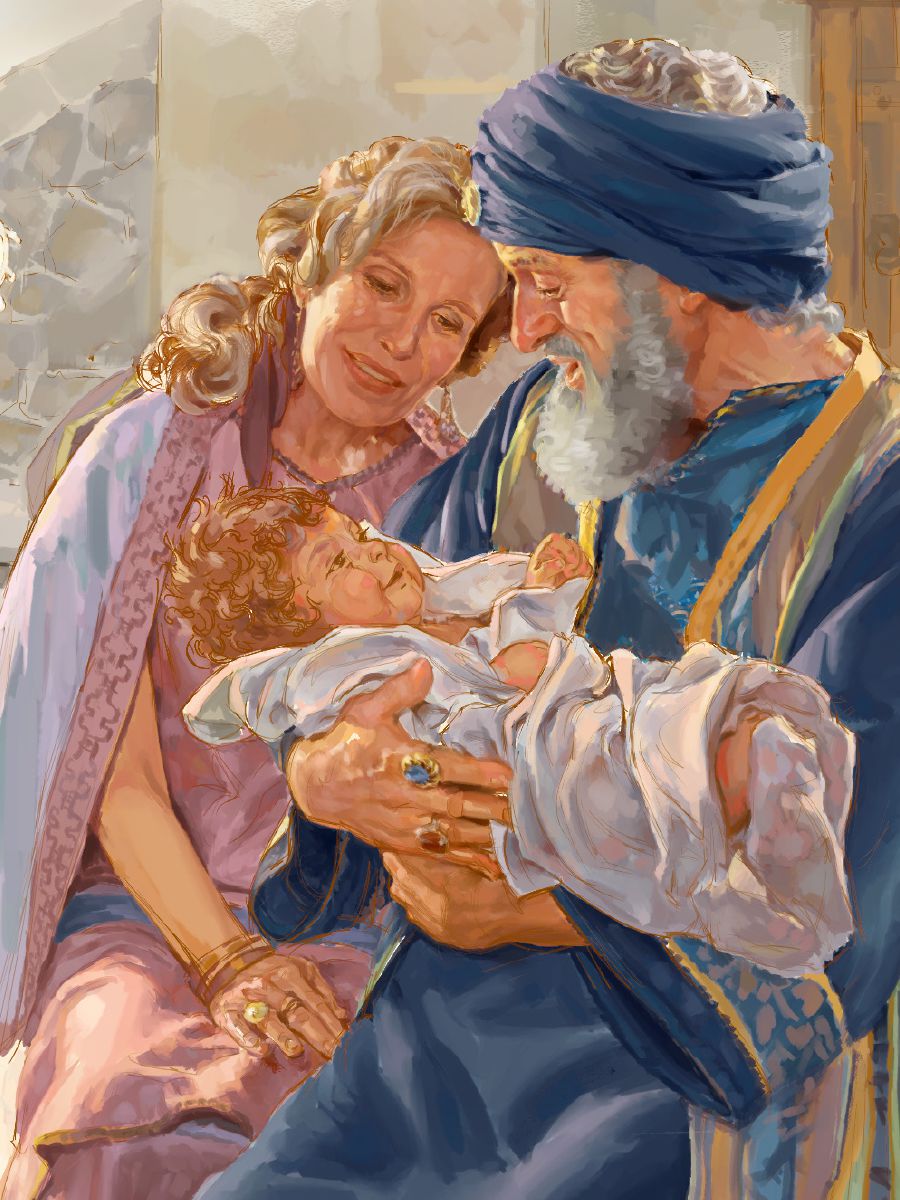 Job and his wife with a baby