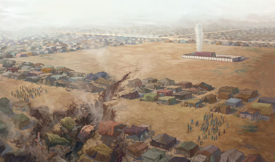 The ground splits apart and swallows Dathan, Abiram, and their families