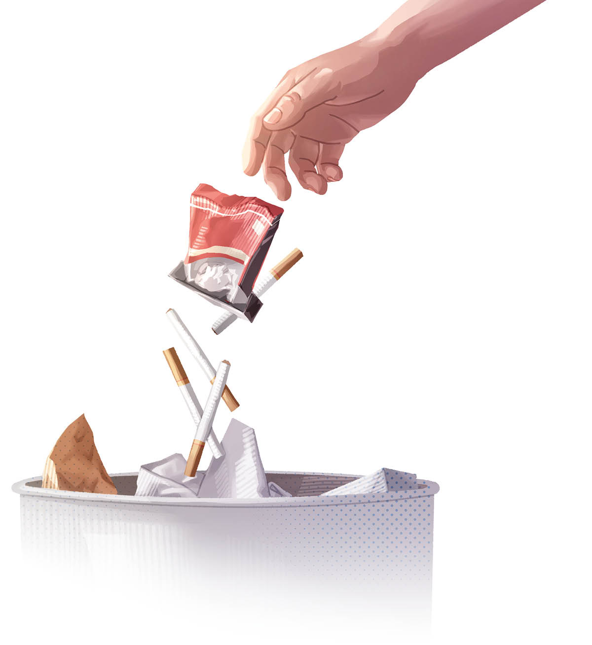 A person throwing cigarettes into a trash can.