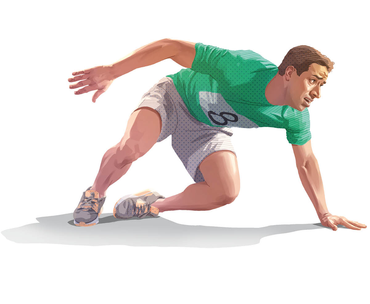 A runner in a race getting up after a fall.