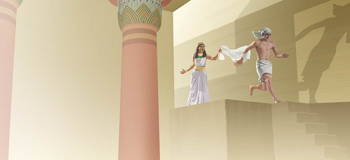 Joseph fleeing from Potiphar’s wife. She holds Joseph’s garment in her hand.