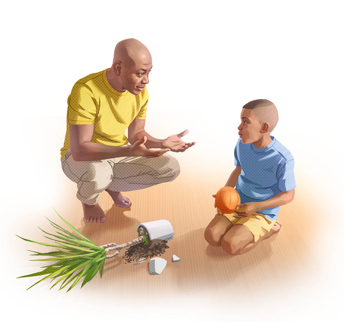 A father squatting down and talking with his son who is holding a ball. A broken pot lies on the floor.