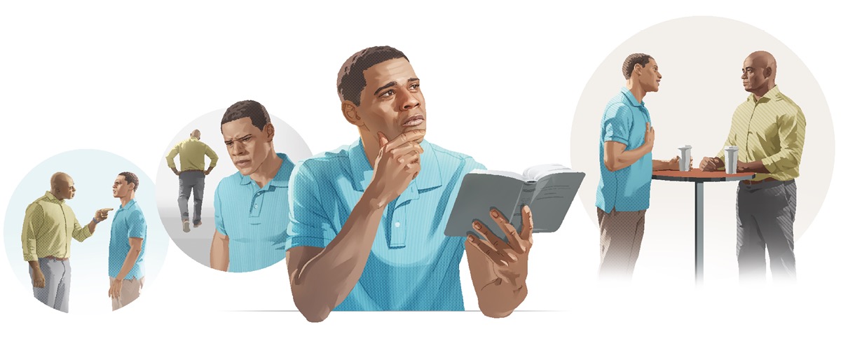 Collage: A brother making peace. 1. Another brother speaks harshly to him. 2. He thinks about what the other brother said. 3. He considers the Bible’s advice about what to do when offended. 4. He meets the other brother for coffee and makes peace.