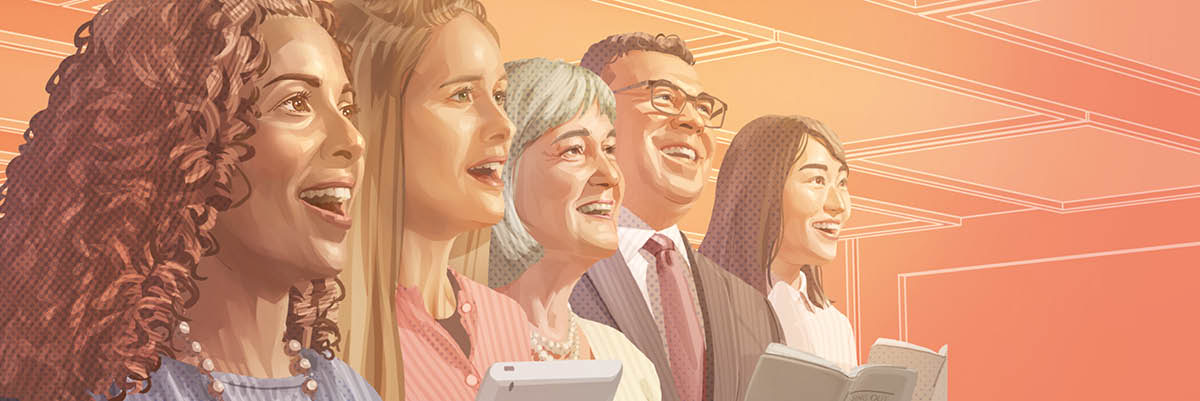 A group of people singing at a congregation meeting of Jehovah’s Witnesses.