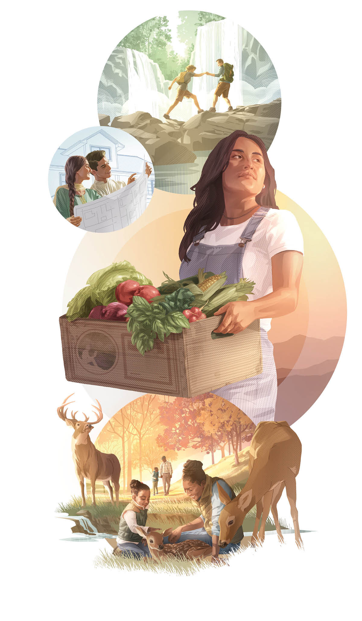 Collage: People enjoying everlasting life on a paradise earth. 1. A couple hike near a waterfall. 2. A couple examine blueprints for their house. 3. A woman carries a box of fresh vegetables. 4. A mother and daughter pet a fawn. A father and son talk.