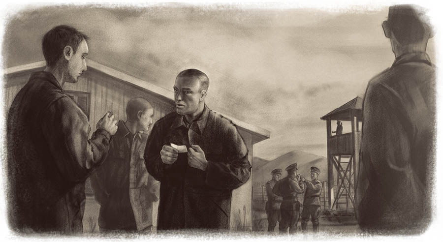 Brothers in the labor camp discreetly discussing scriptures they had written on small pieces of paper.