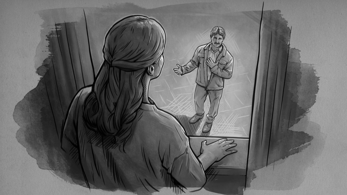 Virgilijus visiting his wife, Lidija, at the window of her hospital room. Lidija listens as he speaks to her from outside.