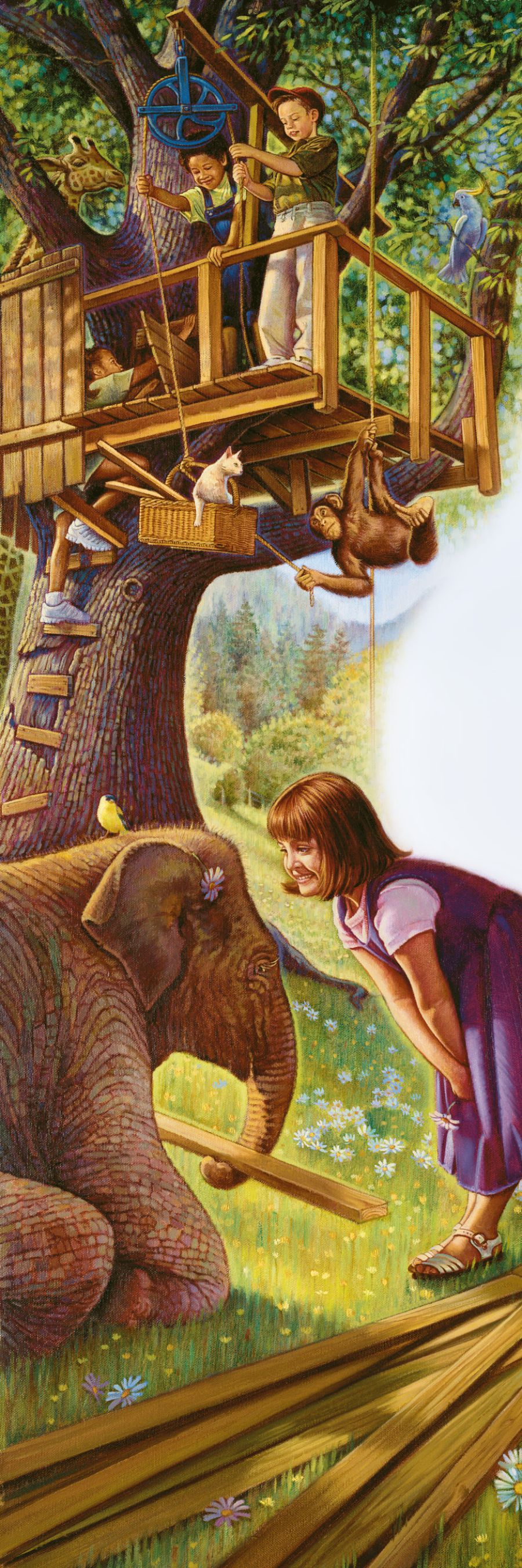 Children in a treehouse playing with animals