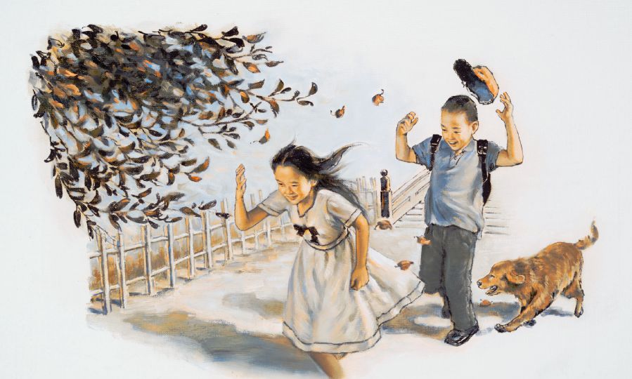 A boy and a girl have difficulty walking in the wind