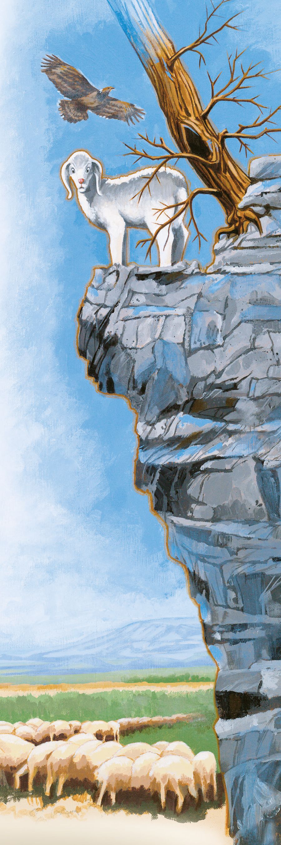 A sheep is lost on top of a cliff, far away from the flock