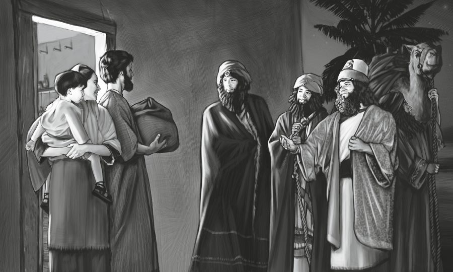 Astrologers bring gifts to Mary and Joseph for Jesus