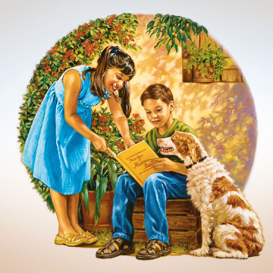 A girl shows My Book of Bible Stories to a boy