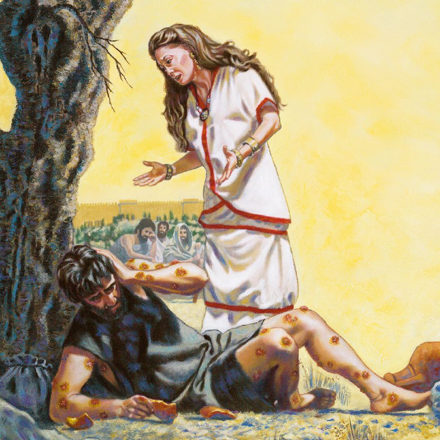 Job, with sores all over his body, is confronted by his wife