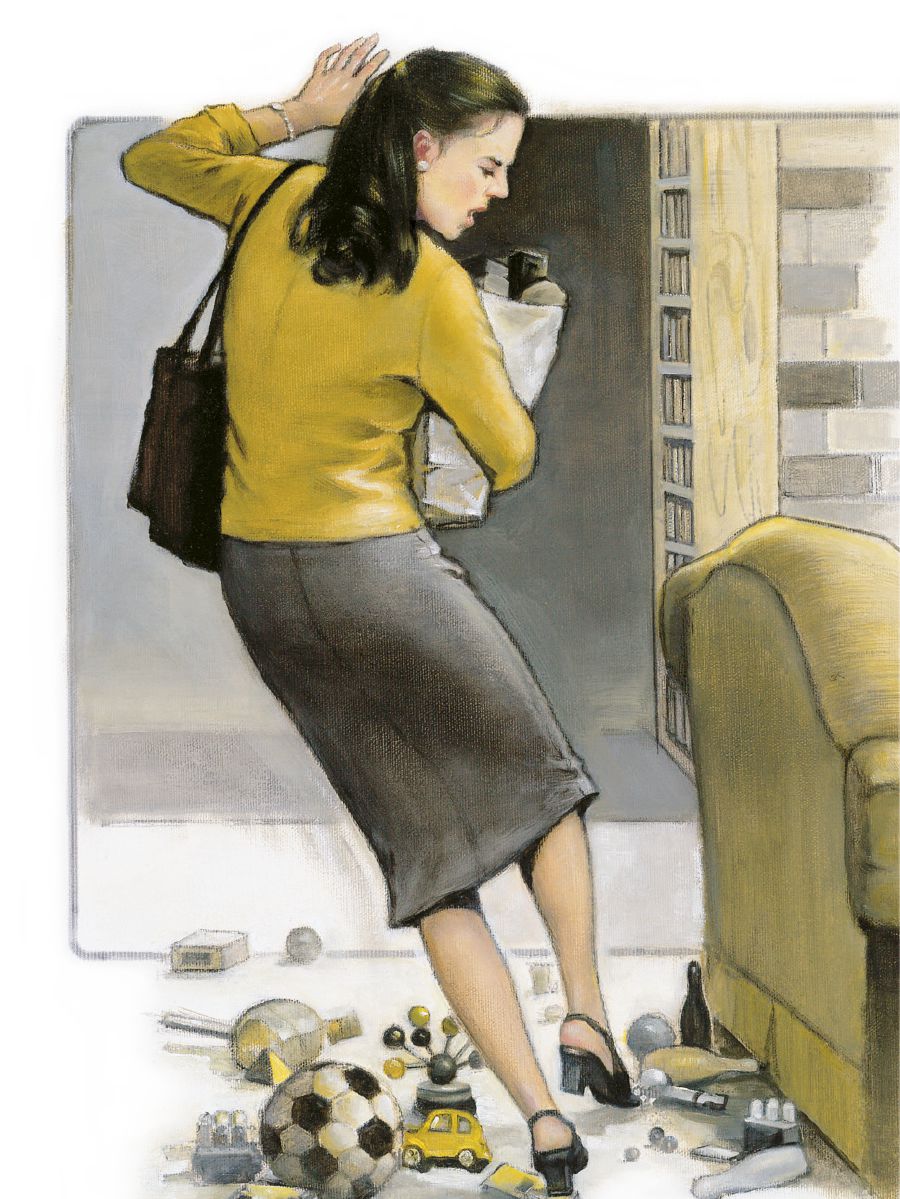 A mother trips over toys