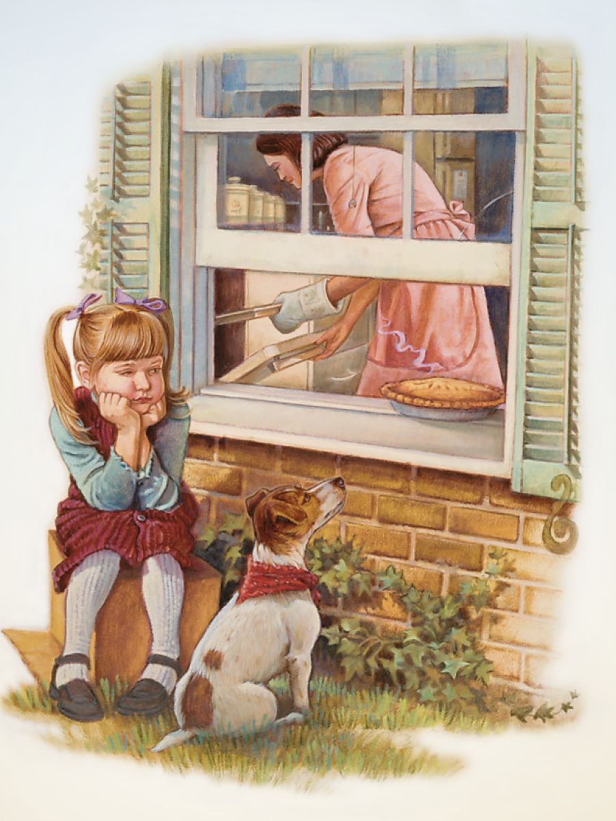 A little girl looks longingly at a pie